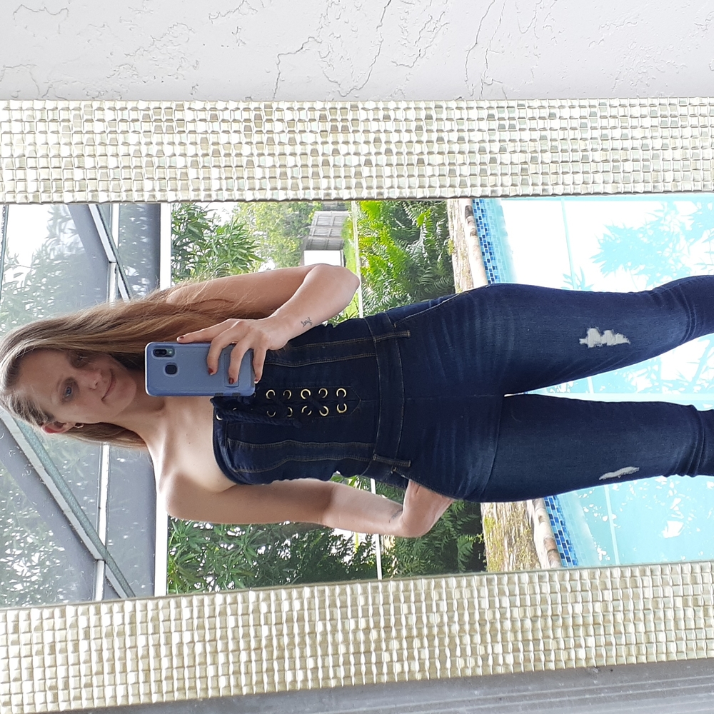 Denim strapless long pant jumpsuit